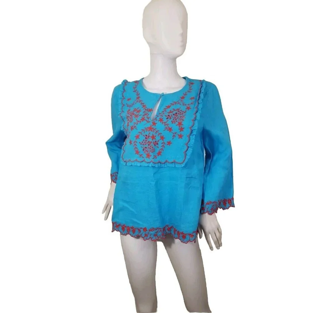 J. Crew Women's Size S Tunic Blouse Top Blue Embroidered Linen Relaxed Fit 30